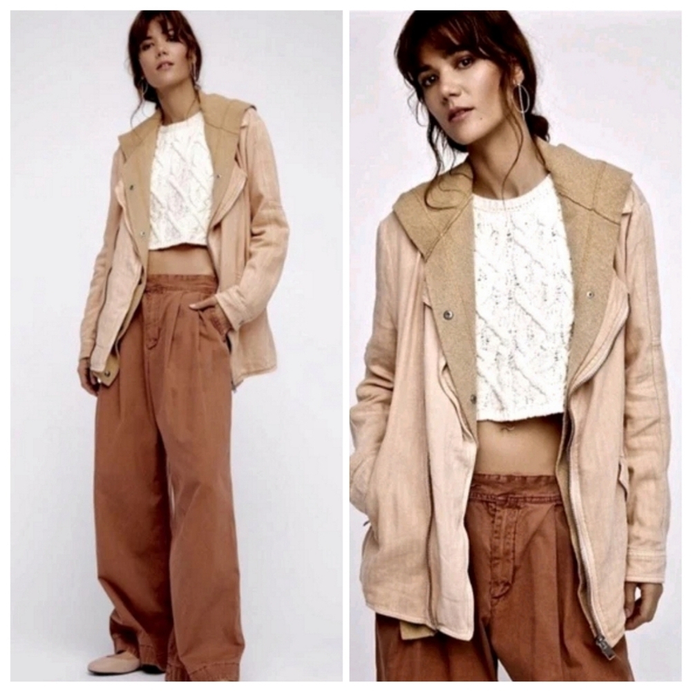 Free People Beachy Hooded Moto Jacket Medium Boho Grunge Indie Sleeze Travel